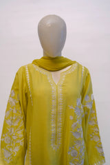 Embroidered cotton net lemon-yellow three-piece suit
