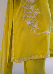Embroidered cotton net lemon-yellow three-piece suit