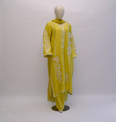 Embroidered cotton net lemon-yellow three-piece suit
