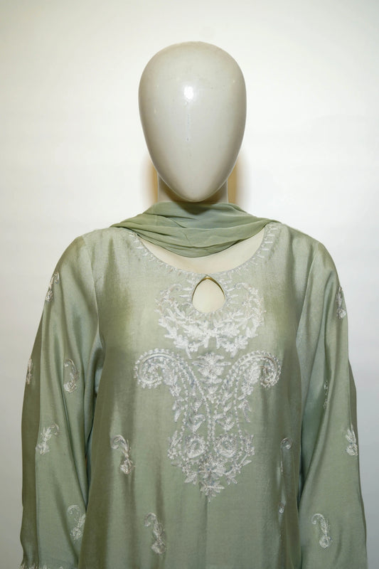 Embroidered cotton net pistachio-green three-piece suit