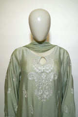 Embroidered cotton net pistachio-green three-piece suit