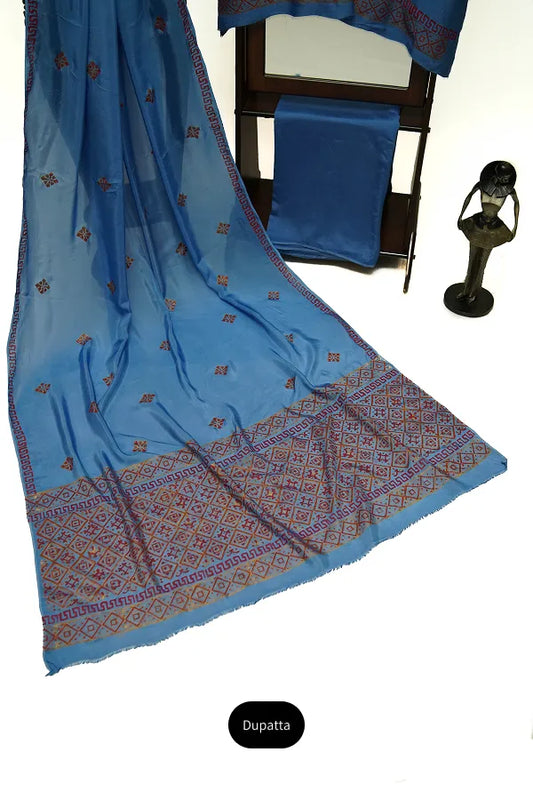 Denim blue three-piece block printed pure cotton net suit