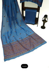 Denim blue three-piece block printed pure cotton net suit