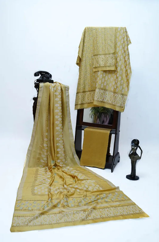 Golden three-piece block printed tussel silk suit