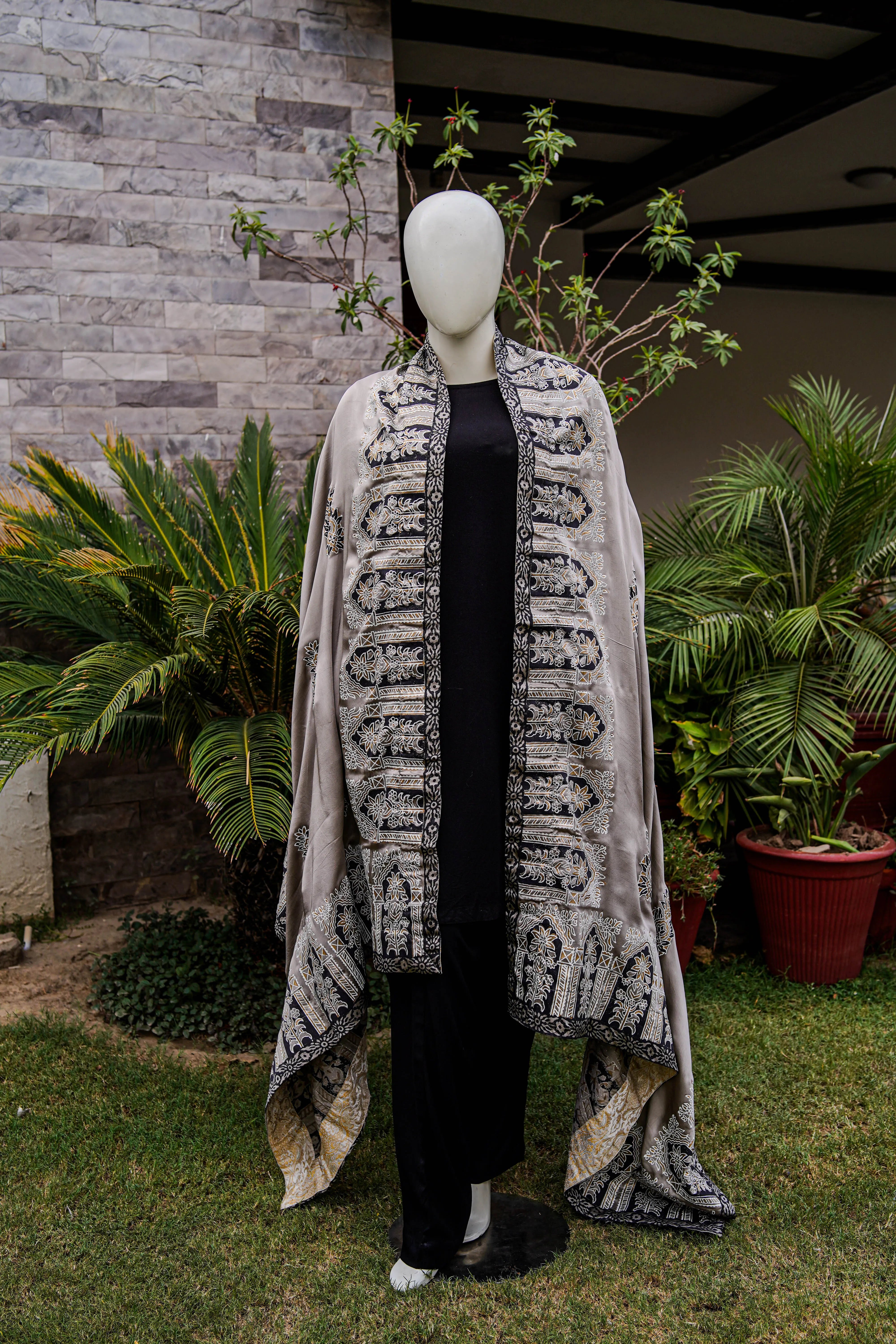 Grey Silk Block-Printed Shawl