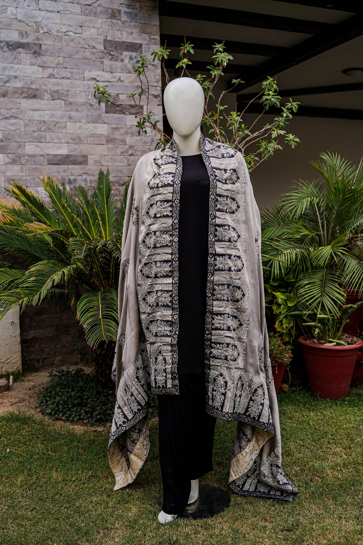 Grey Silk Block-Printed Shawl