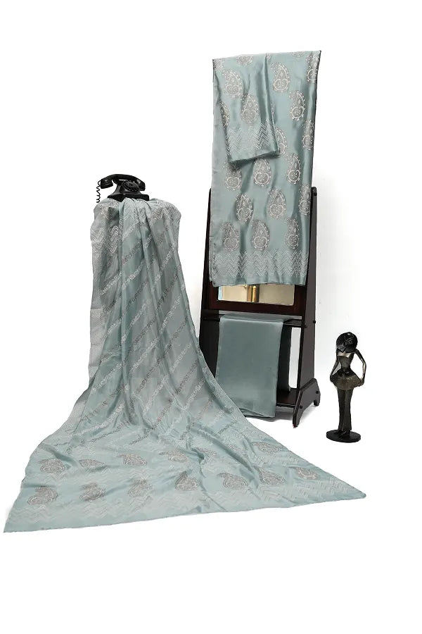 Ice blue block printed three-piece tissue silk suit
