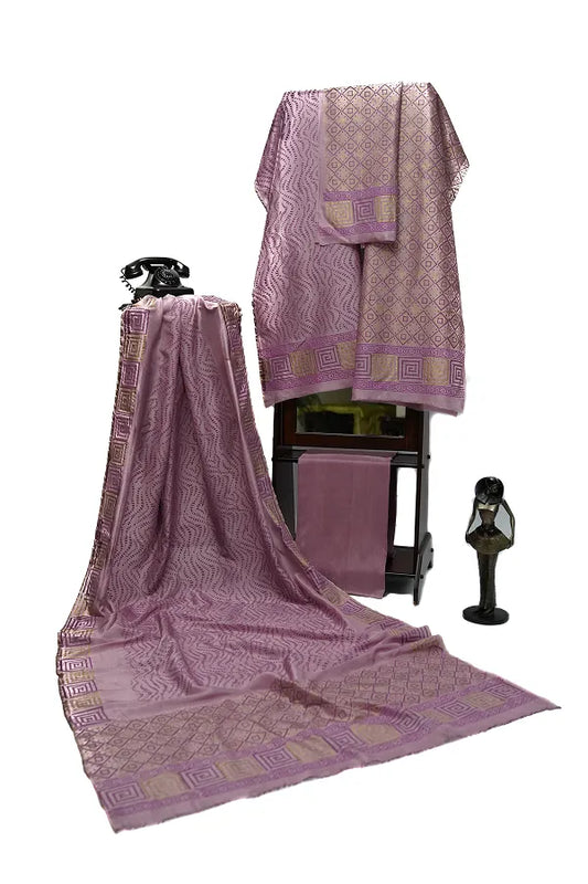 Light mauve three-piece block printed tussel silk suit