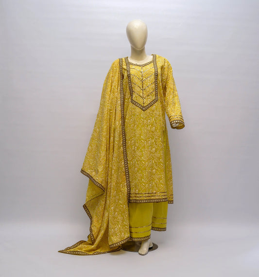Lime-yellow silk lawn screen printed three-piece suit