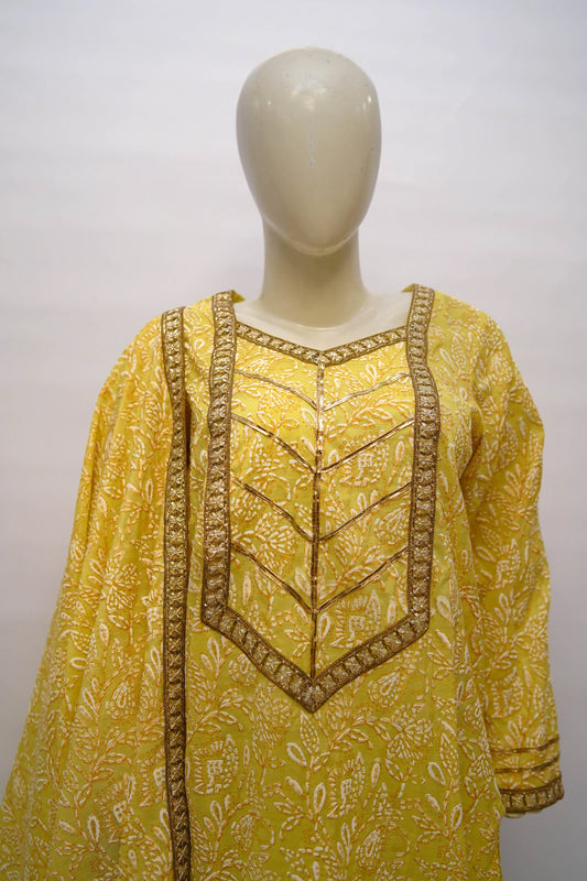 Lime-yellow silk lawn screen printed three-piece suit