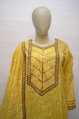 Lime-yellow silk lawn screen printed three-piece suit
