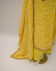 Lime-yellow silk lawn screen printed three-piece suit