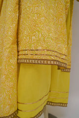 Lime-yellow silk lawn screen printed three-piece suit