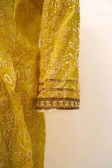Lime-yellow silk lawn screen printed three-piece suit