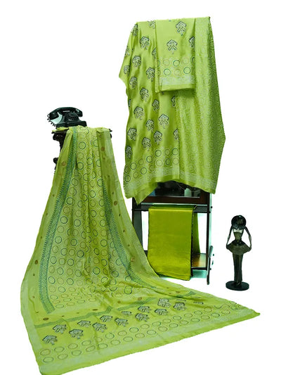 Lime green block printed three-piece tissue silk suit