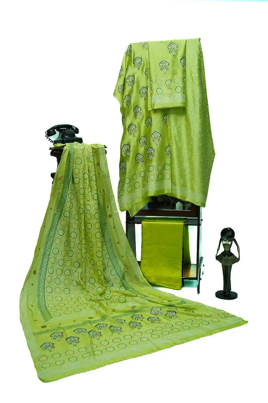 Lime green block printed three-piece tissue silk suit