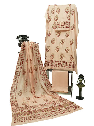 Pink-peach three-piece block printed pure cotton net suit