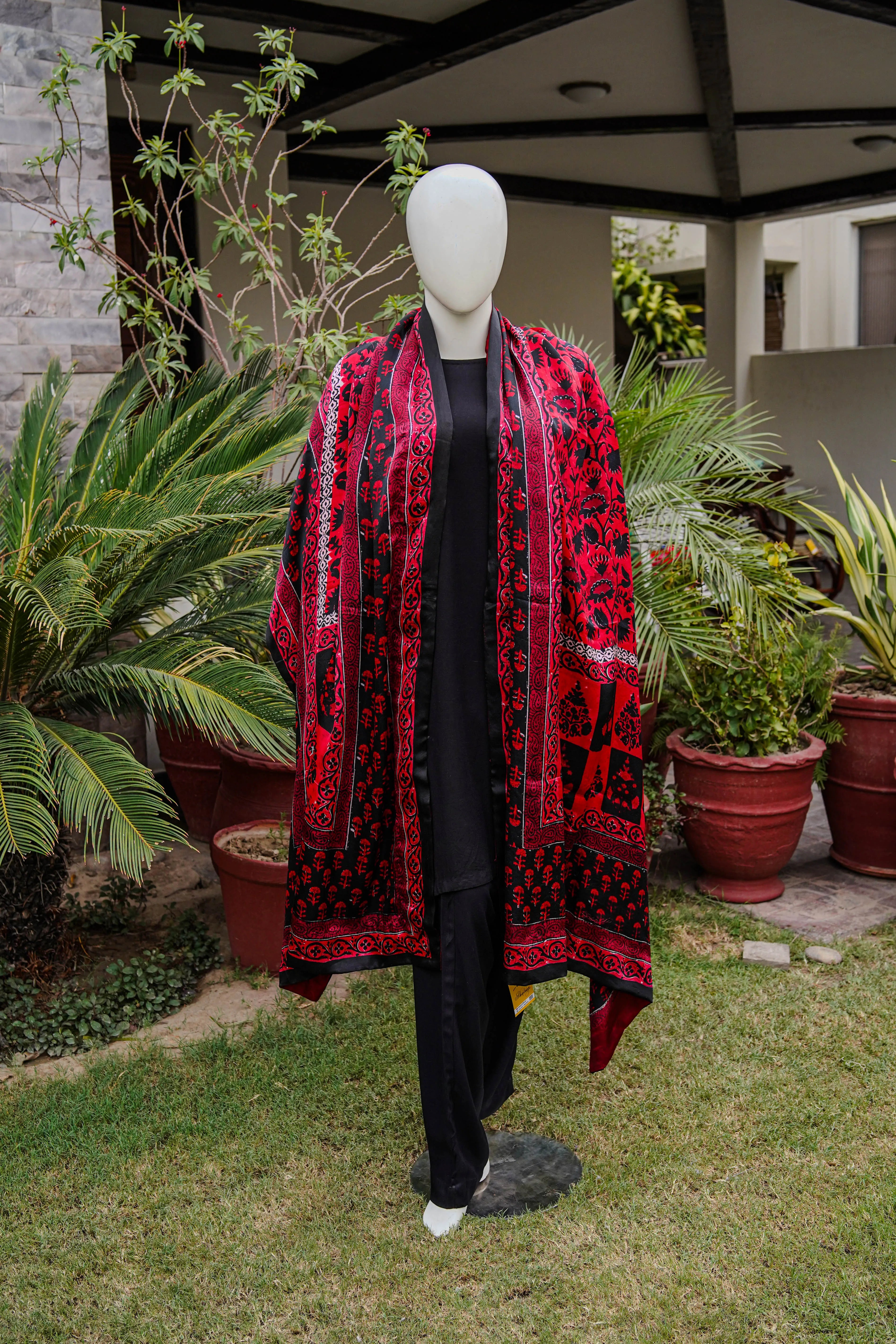 Buy Red & Black Block Printed Silk Shaw