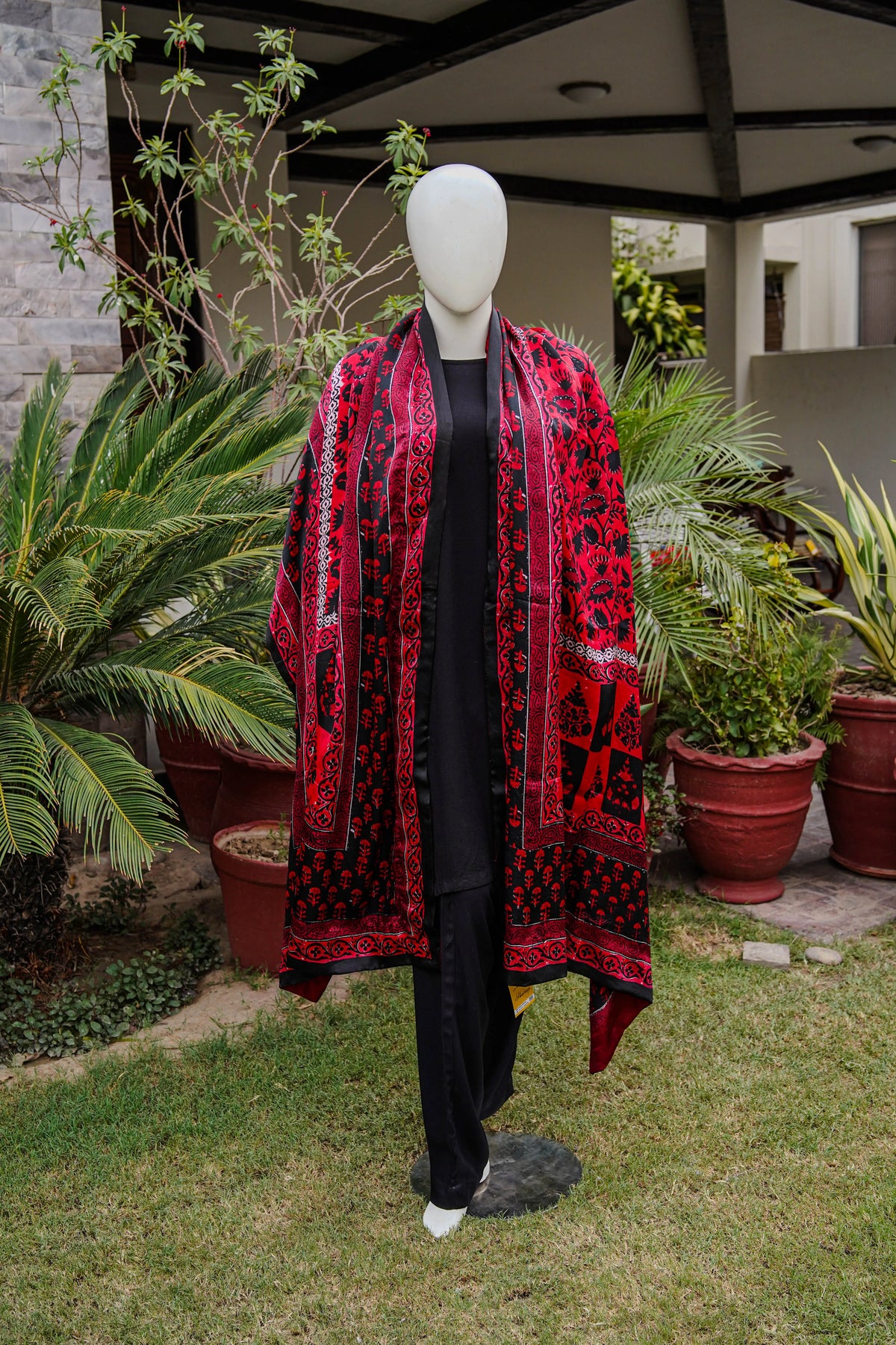 Buy Red & Black Block Printed Silk Shaw