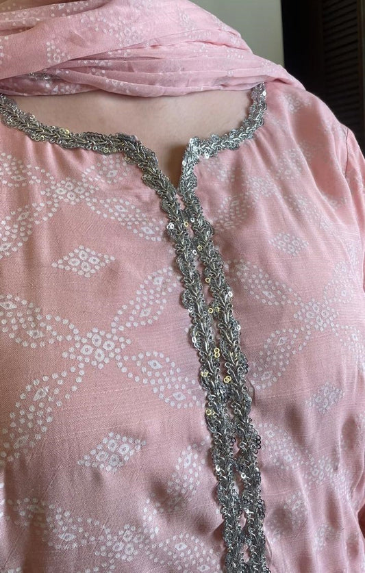 Pink Printed Raw Silk Suit