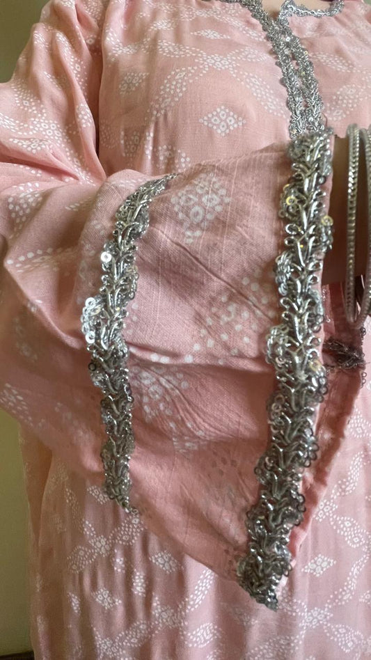 Pink Printed Raw Silk Suit