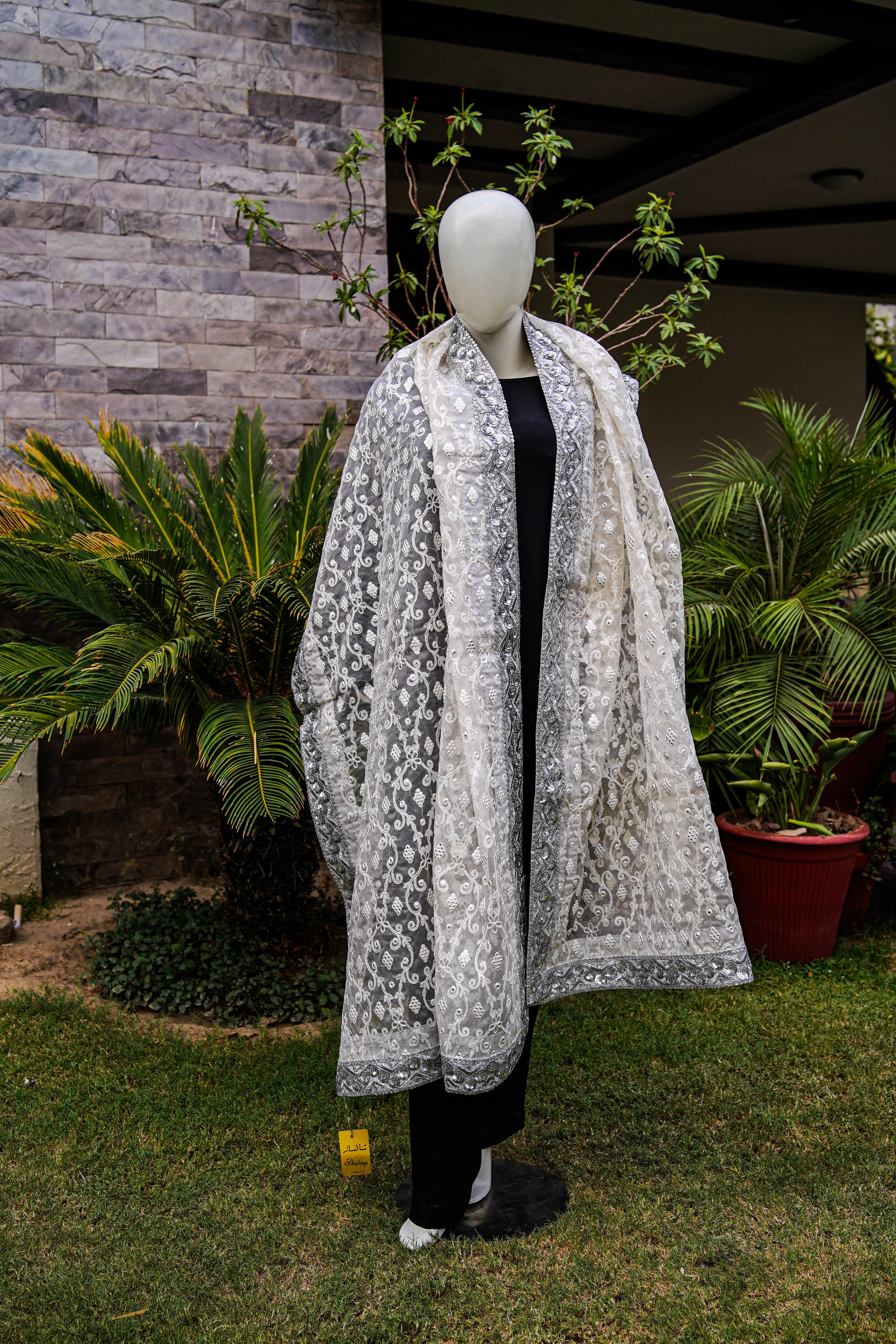 Thread and panni work organza shawl