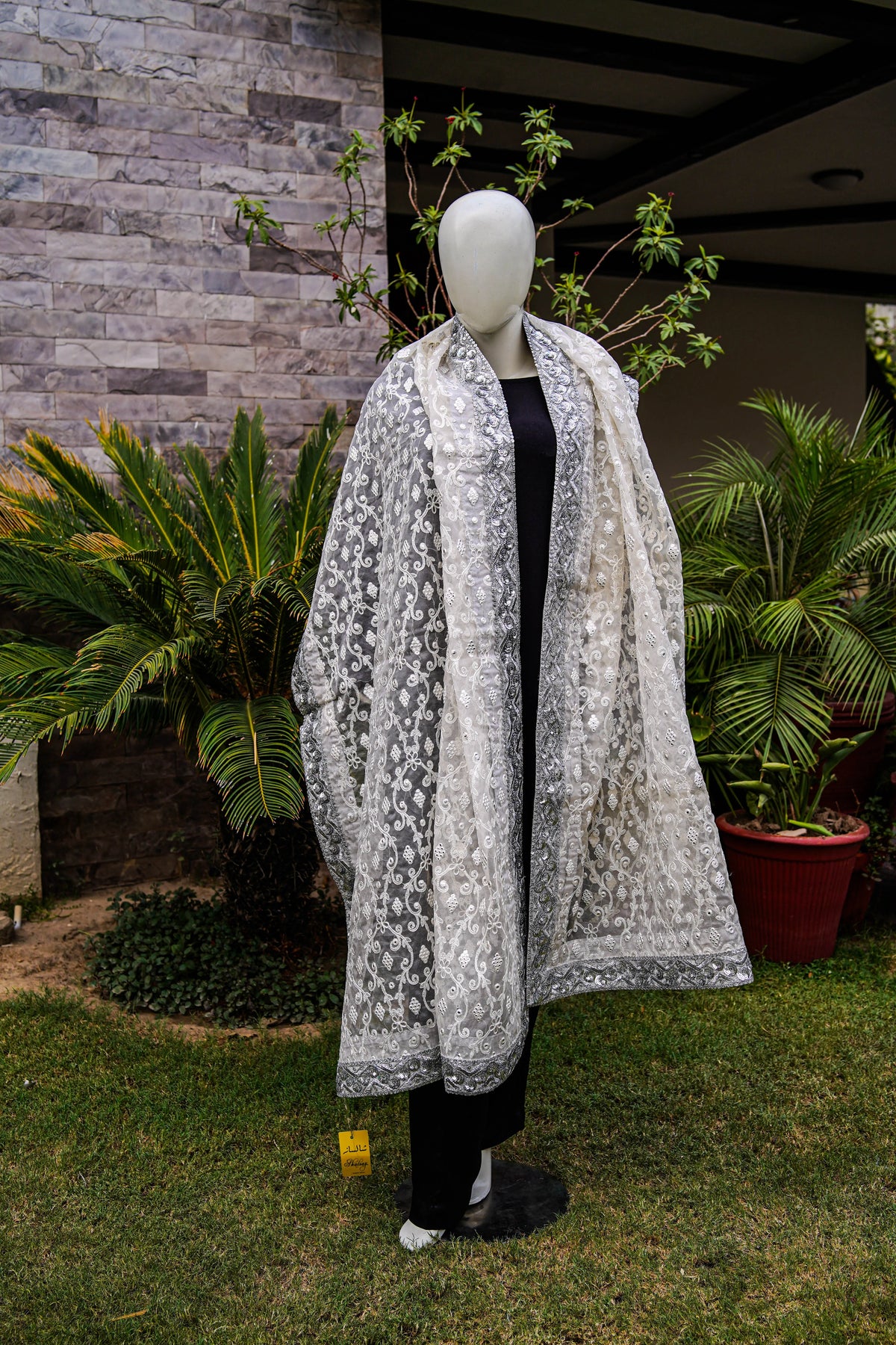 Thread and panni work organza shawl