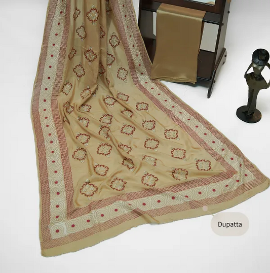 Beige-brown three-piece block printed tissue silk suit