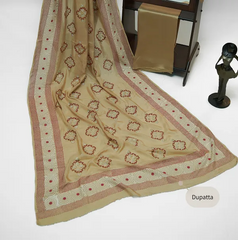 Beige-brown three-piece block printed tissue silk suit