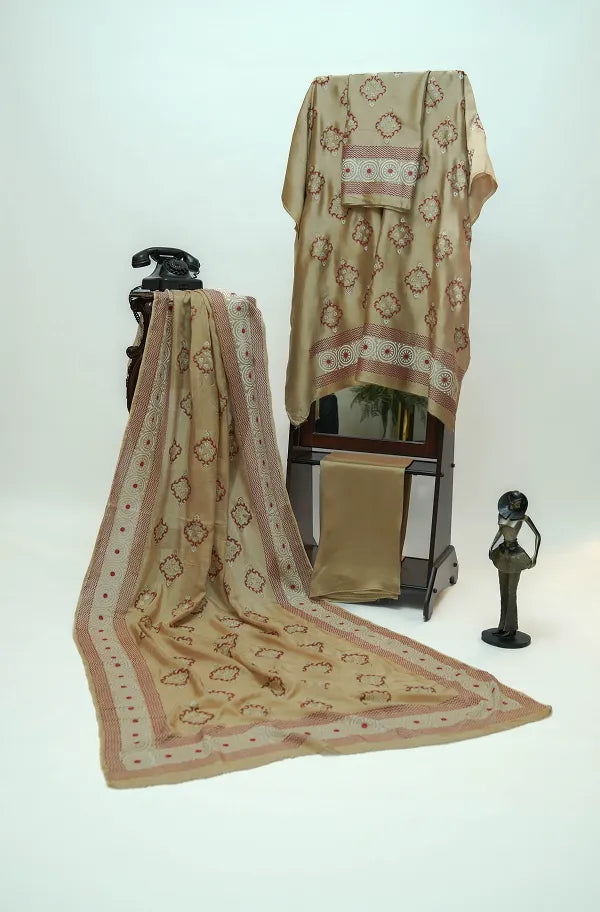 Beige-brown three-piece block printed tissue silk suit