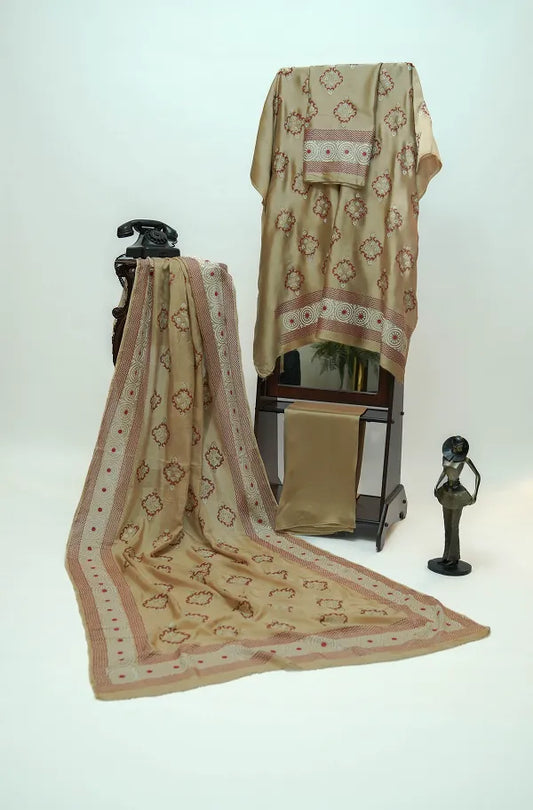 Beige-brown three-piece block printed tissue silk suit