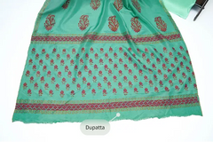 Turquoise three-piece block printed tussel silk suit