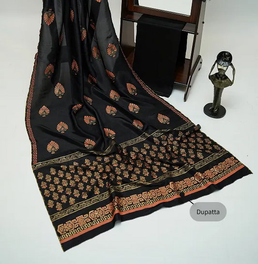 Black three-piece block printed tussel silk suit
