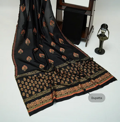 Black three-piece block printed tussel silk suit