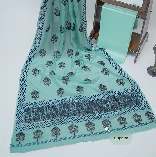 Aqua blue three-piece block printed tissue silk suit