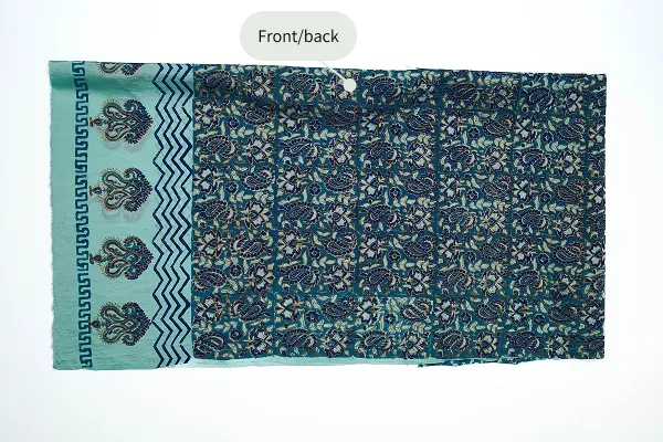 Aqua blue three-piece block printed tissue silk suit
