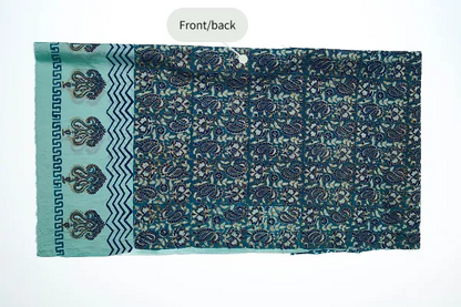 Aqua blue three-piece block printed tissue silk suit