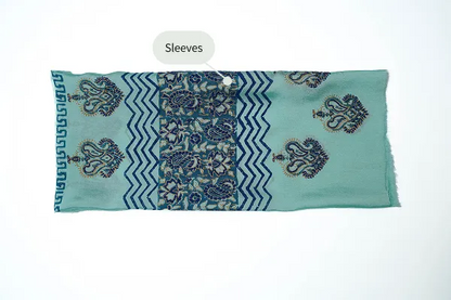 Aqua blue three-piece block printed tissue silk suit