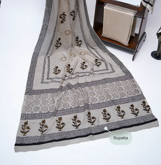 Skin three-piece block printed tissue silk suit