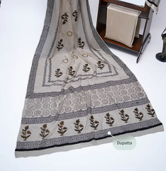 Skin three-piece block printed tissue silk suit