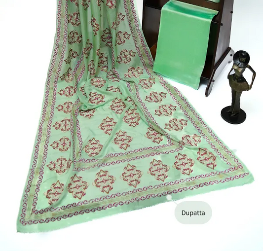 Mint green three-piece block printed tissue silk suit