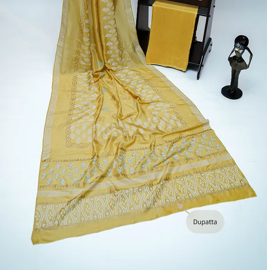 Golden three-piece block printed tussel silk suit