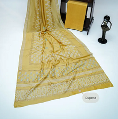 Golden three-piece block printed tussel silk suit