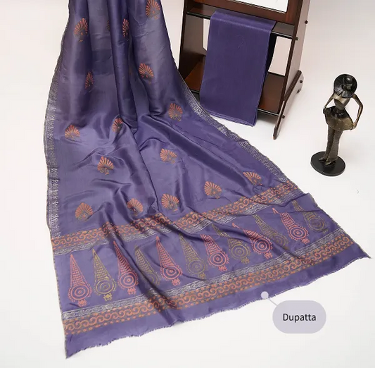Lavender three-piece block printed tussel silk suit