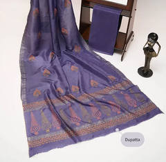 Lavender three-piece block printed tussel silk suit
