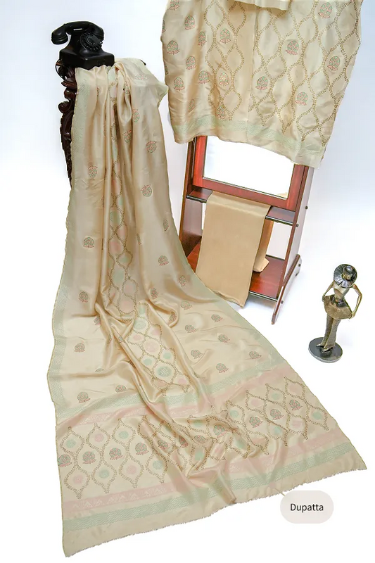 Skin three-piece block printed tussel silk suit