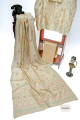 Skin three-piece block printed tussel silk suit
