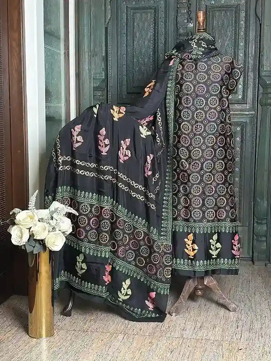 3-Piece Block Printed Silk Suit