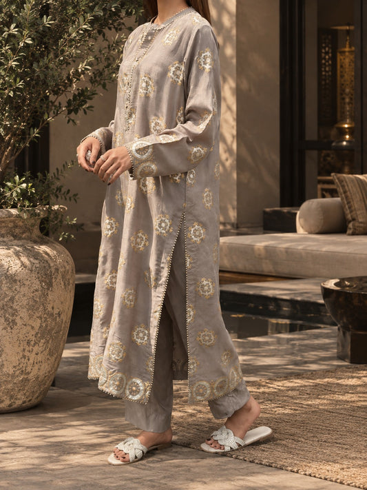 2 piece Stitched shirt trouser gold and silver