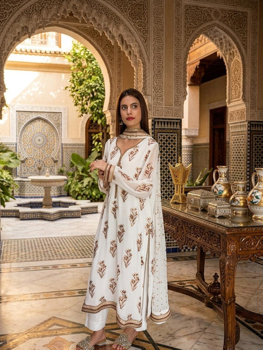 Premium Chiffon Stitched Suit-Block & Foil Print